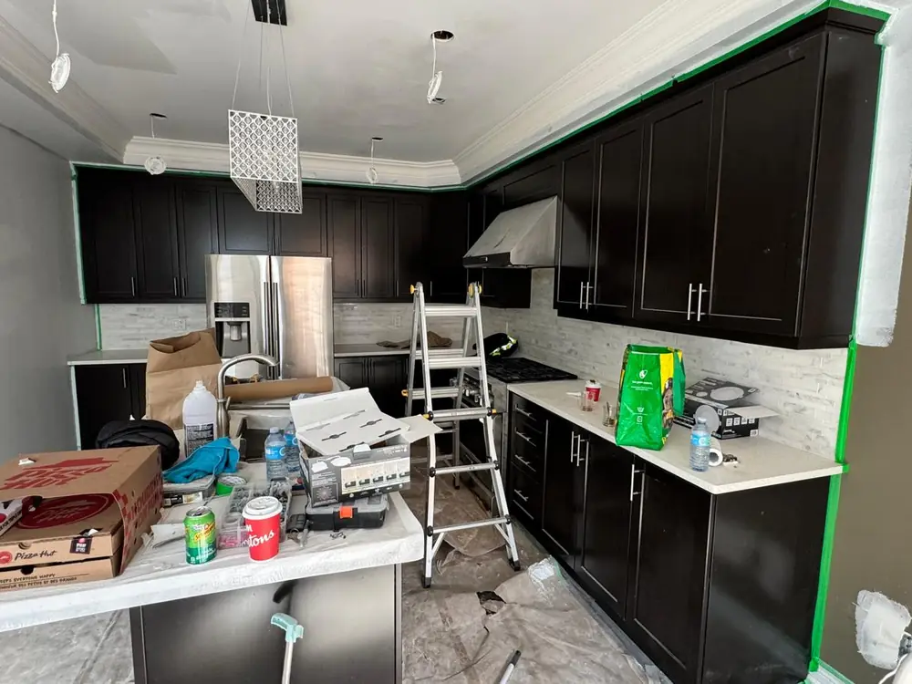 Kitchen before refinishing, wide view